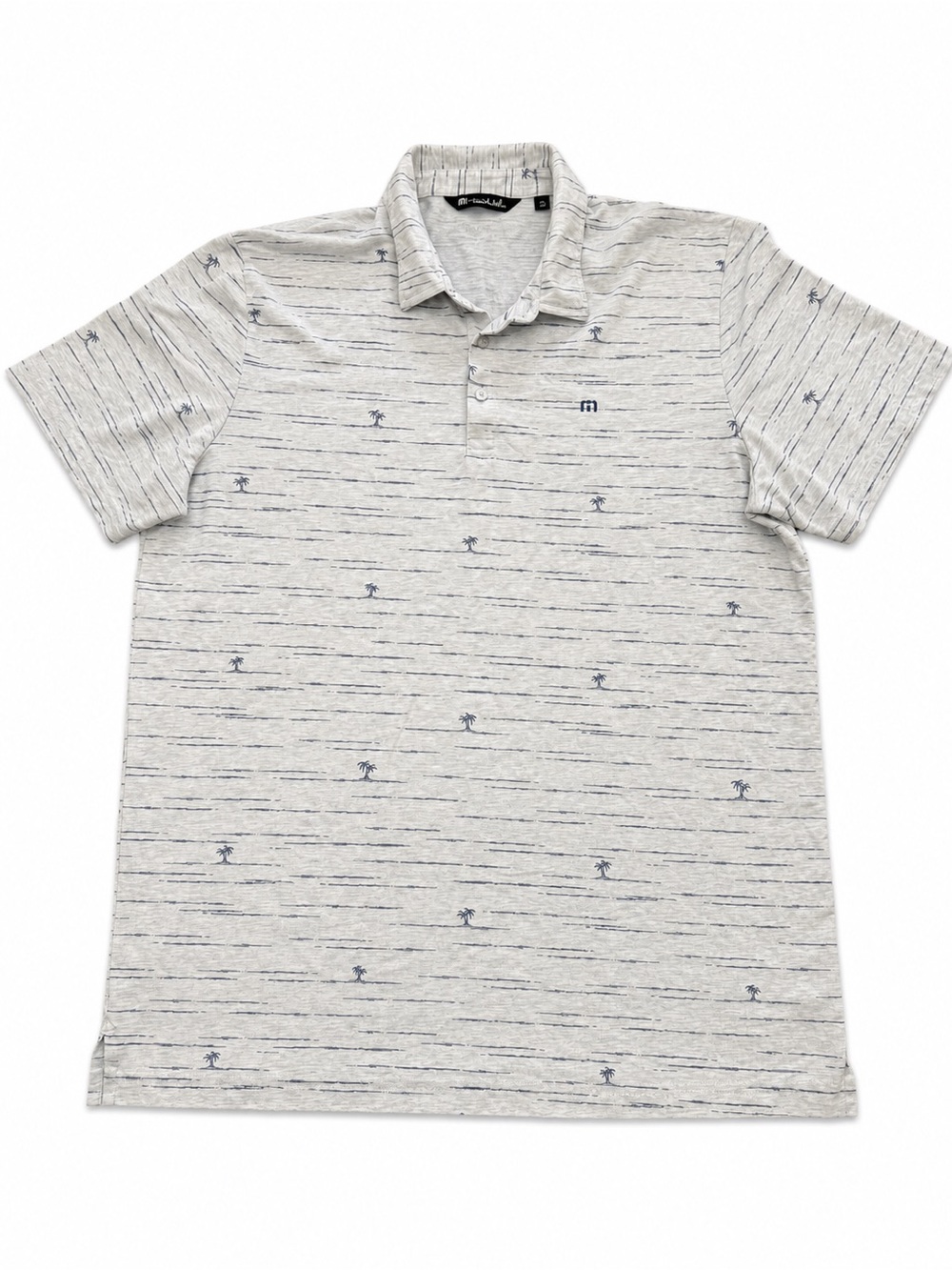 Travis Mathew Heather Gray Polo with Navy Palm-Print